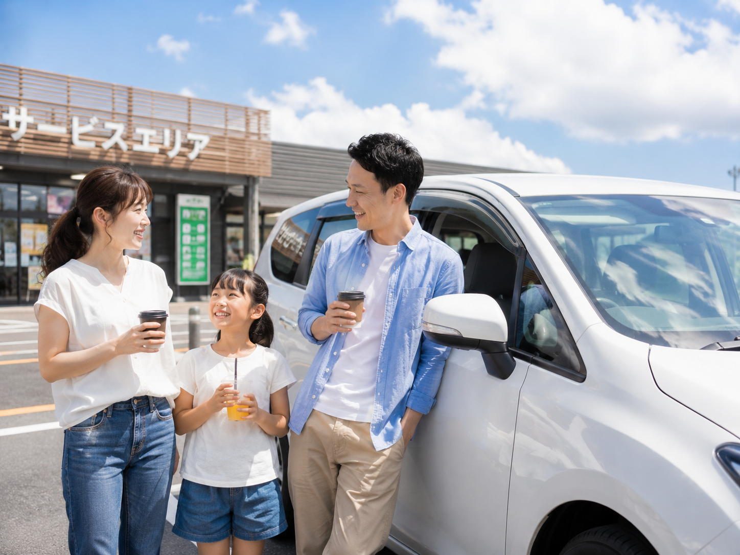 帰省ドライブの途中でサービスエリアに立ち寄る家族