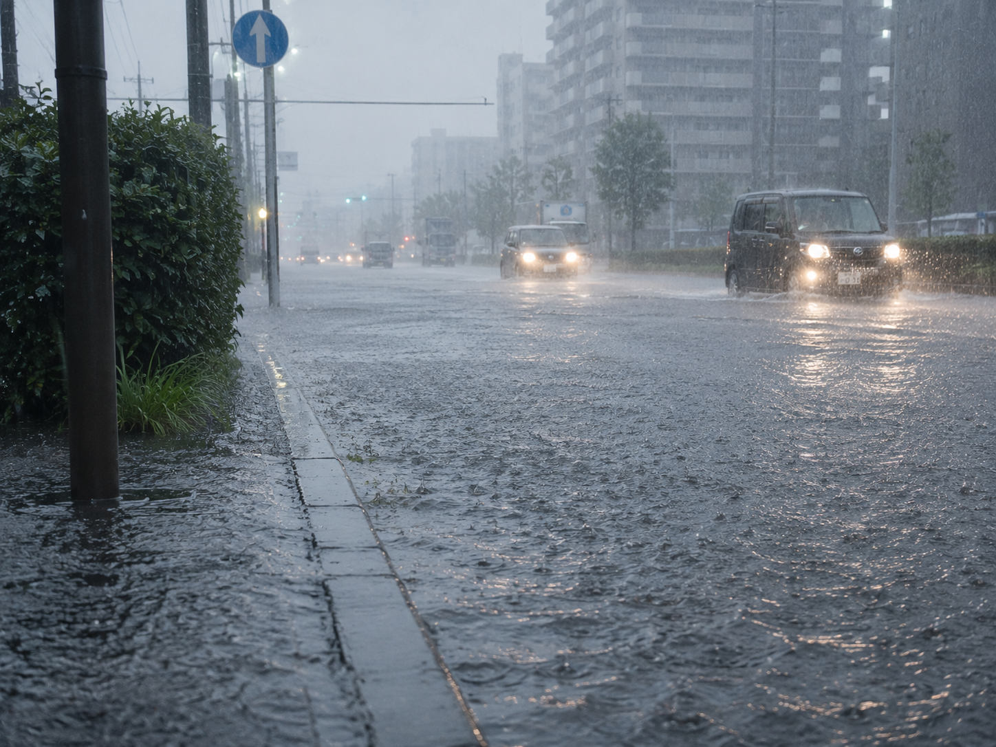 豪雨で冠水した道路