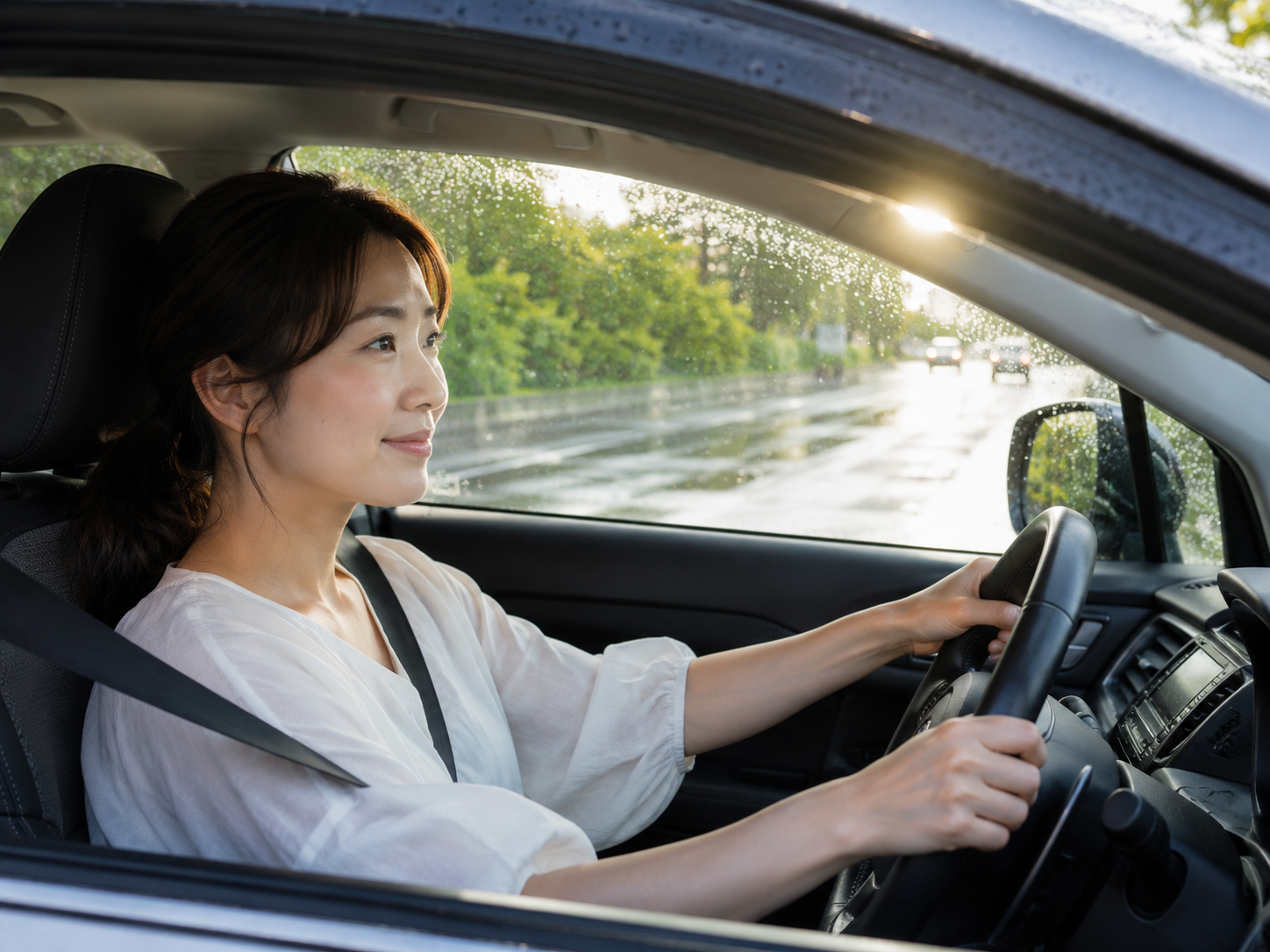 雨上がりに安心して運転するドライバー