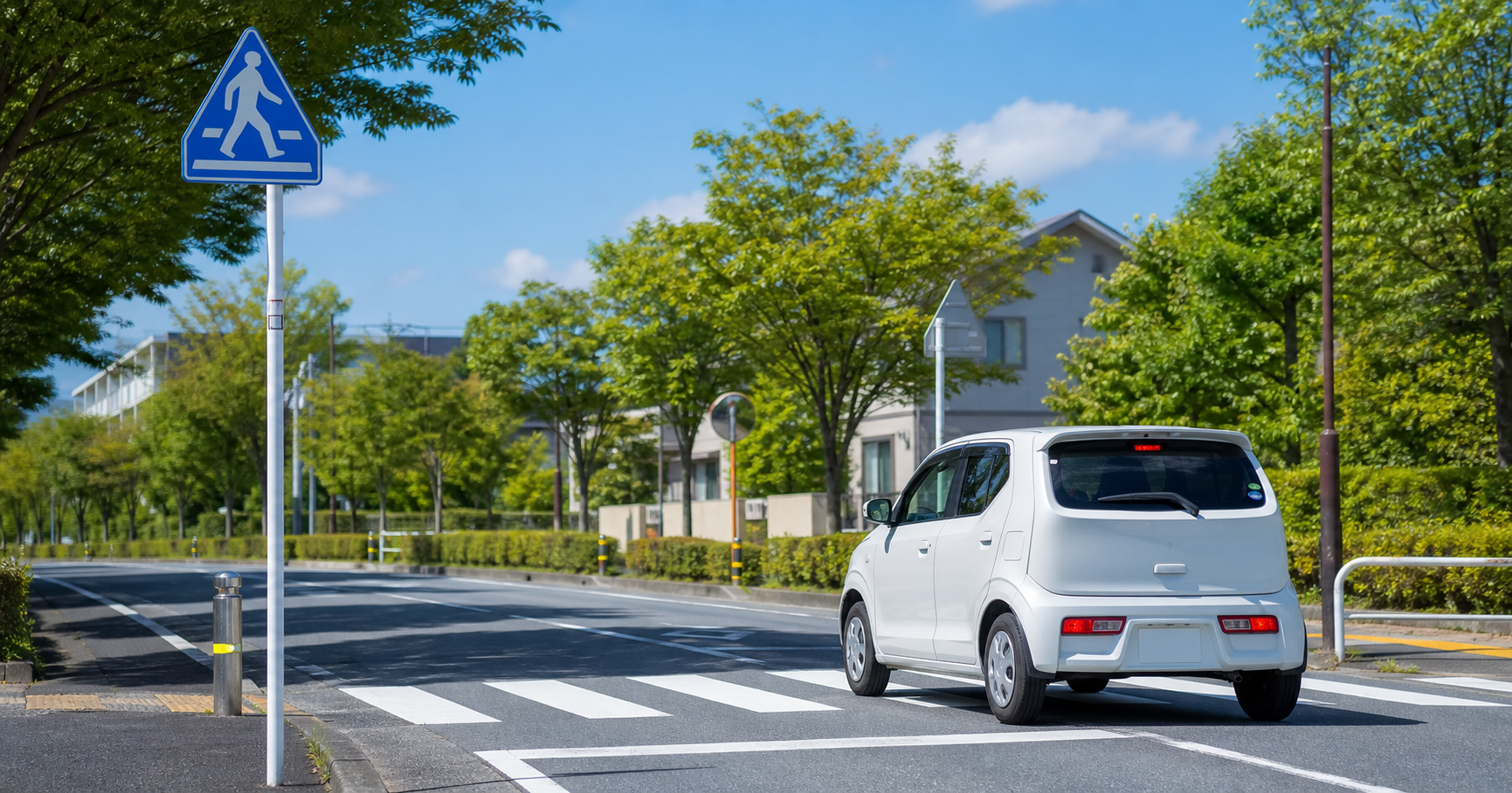 道の日に安全運転をする車と道路標識