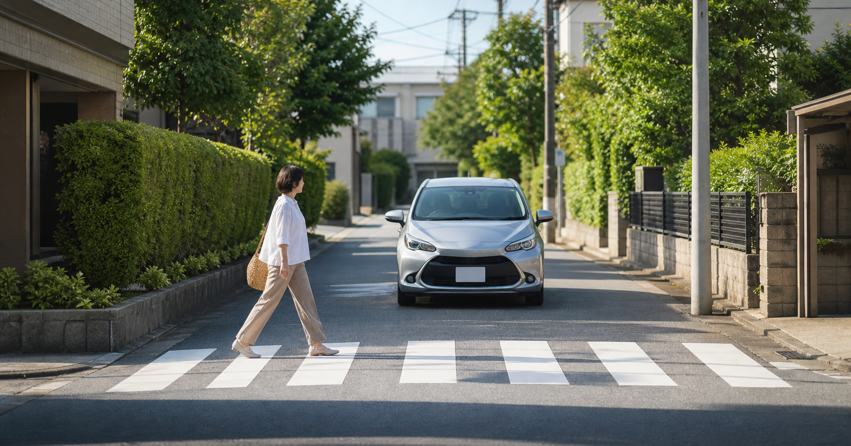 横断歩道の手前で歩行者を待つ車
