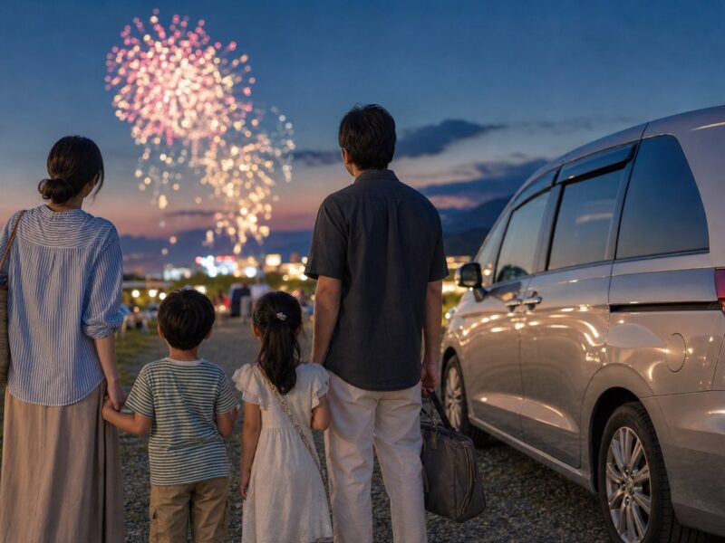 夏祭りと花火大会へ車で向かう家族