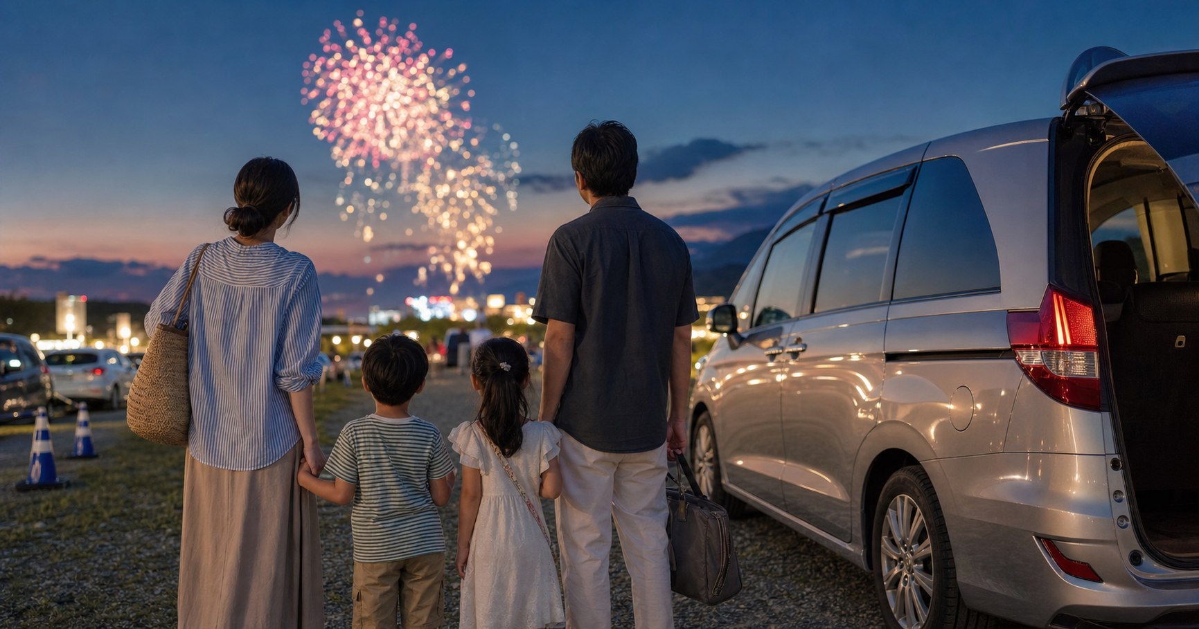 夏祭りと花火大会へ車で向かう家族