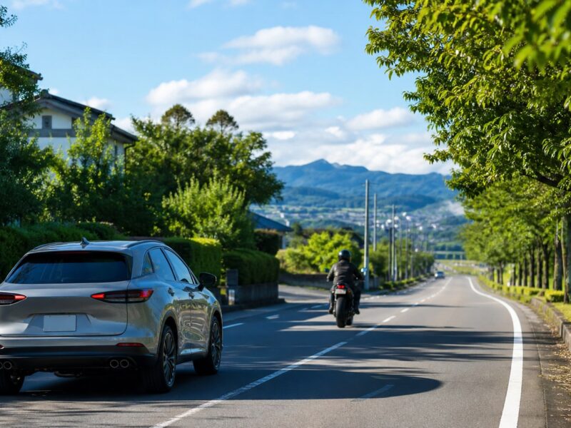 バイクの日に安全な距離で走る車とバイク