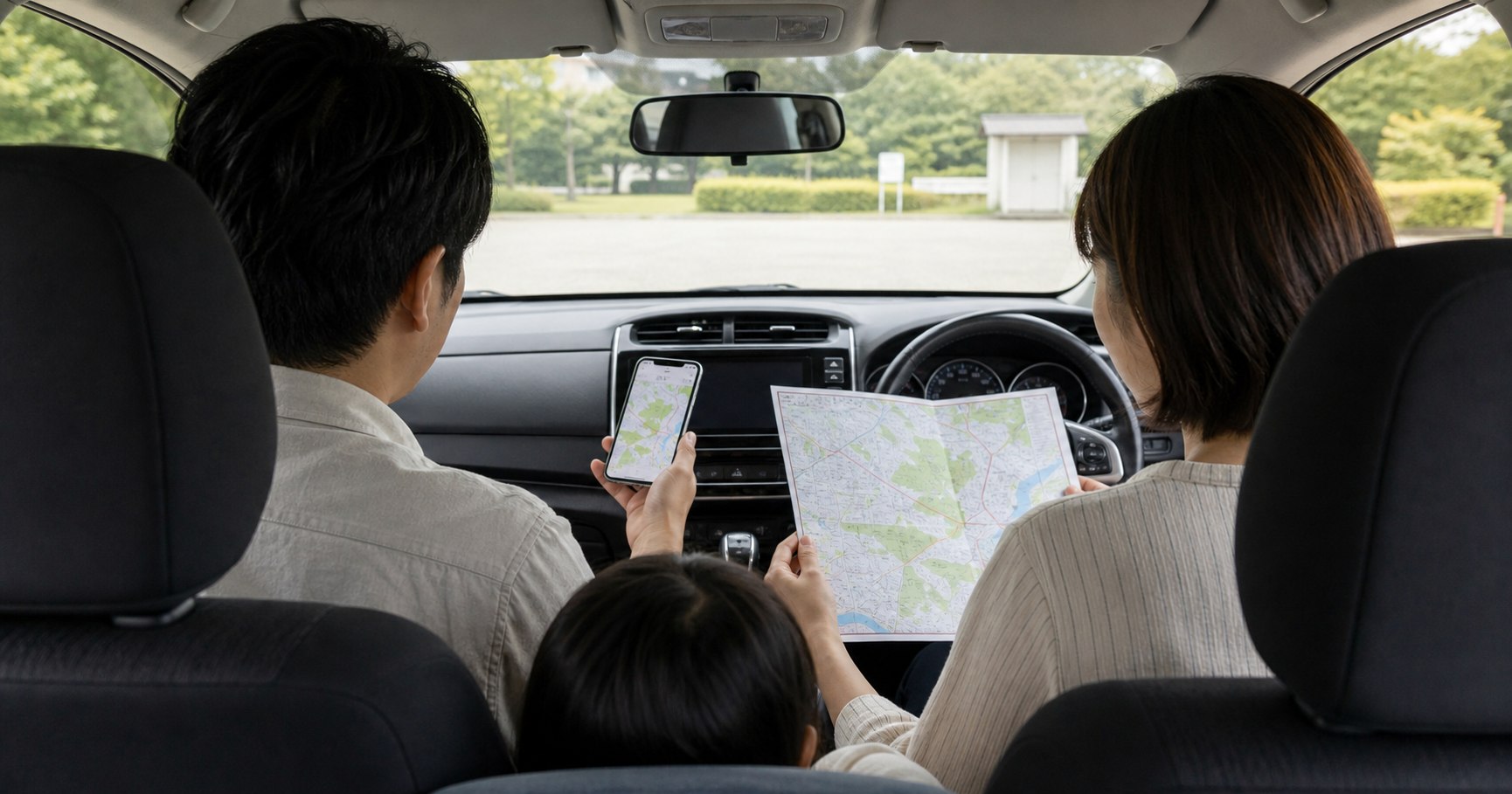 車内で避難場所と災害情報を確認する様子