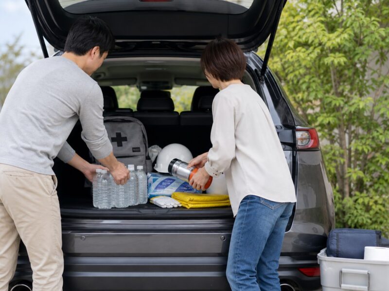 防災週間前に車載防災グッズを準備する家族