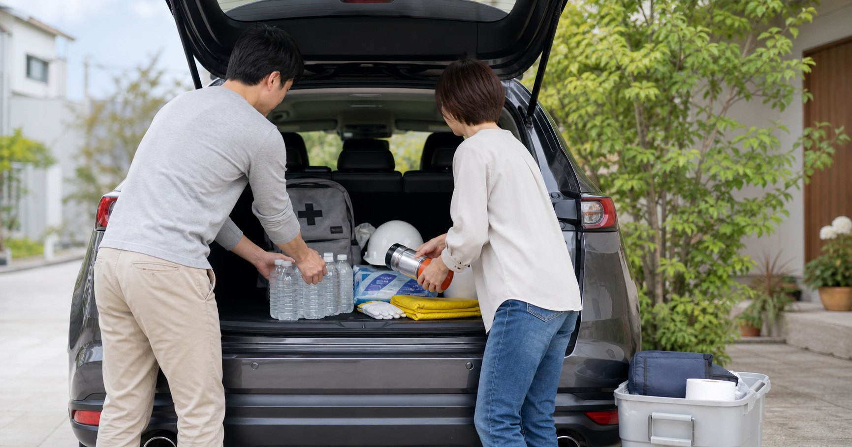 防災週間前に車載防災グッズを準備する家族
