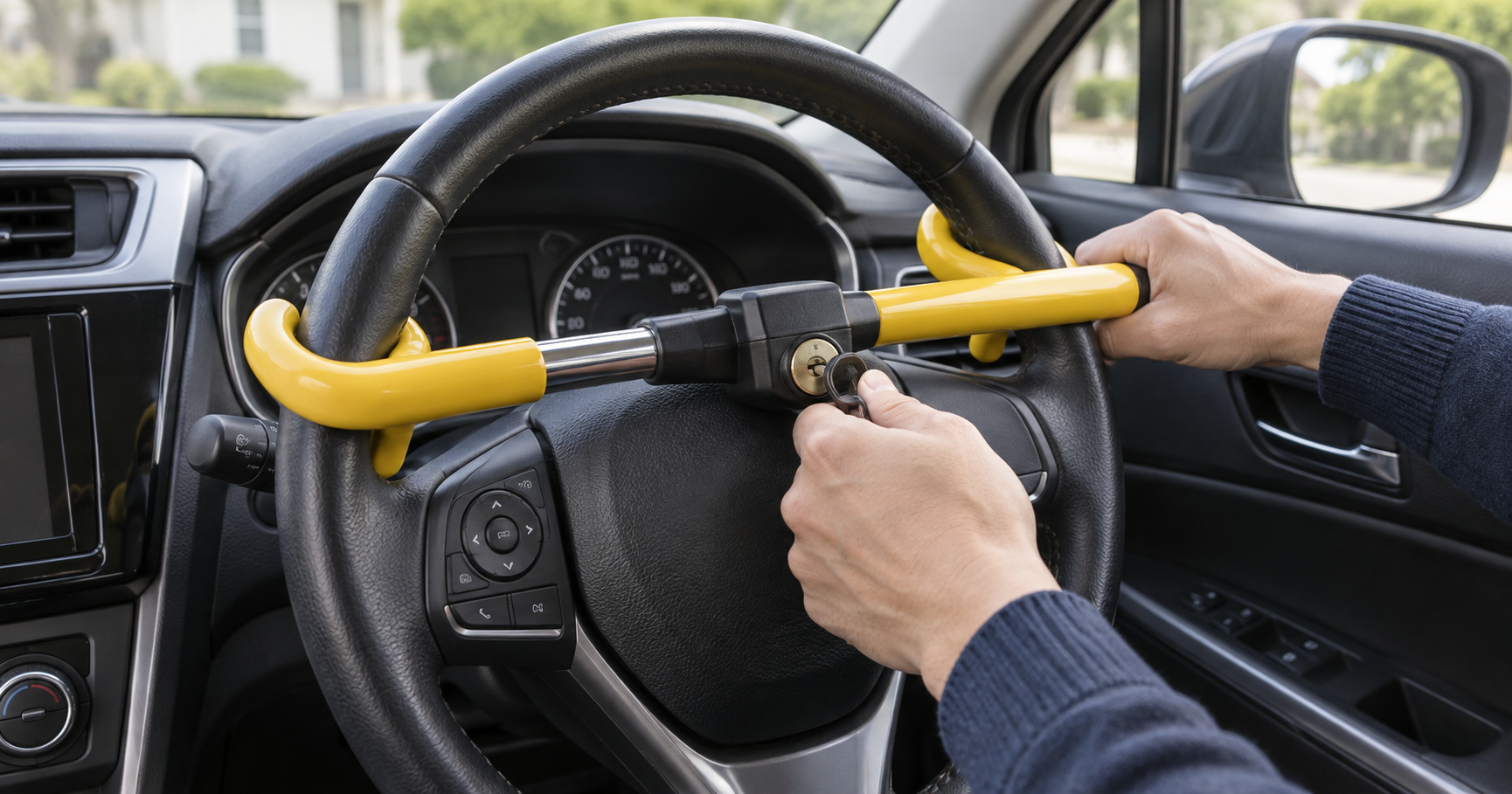 車にハンドルロックを取り付ける様子