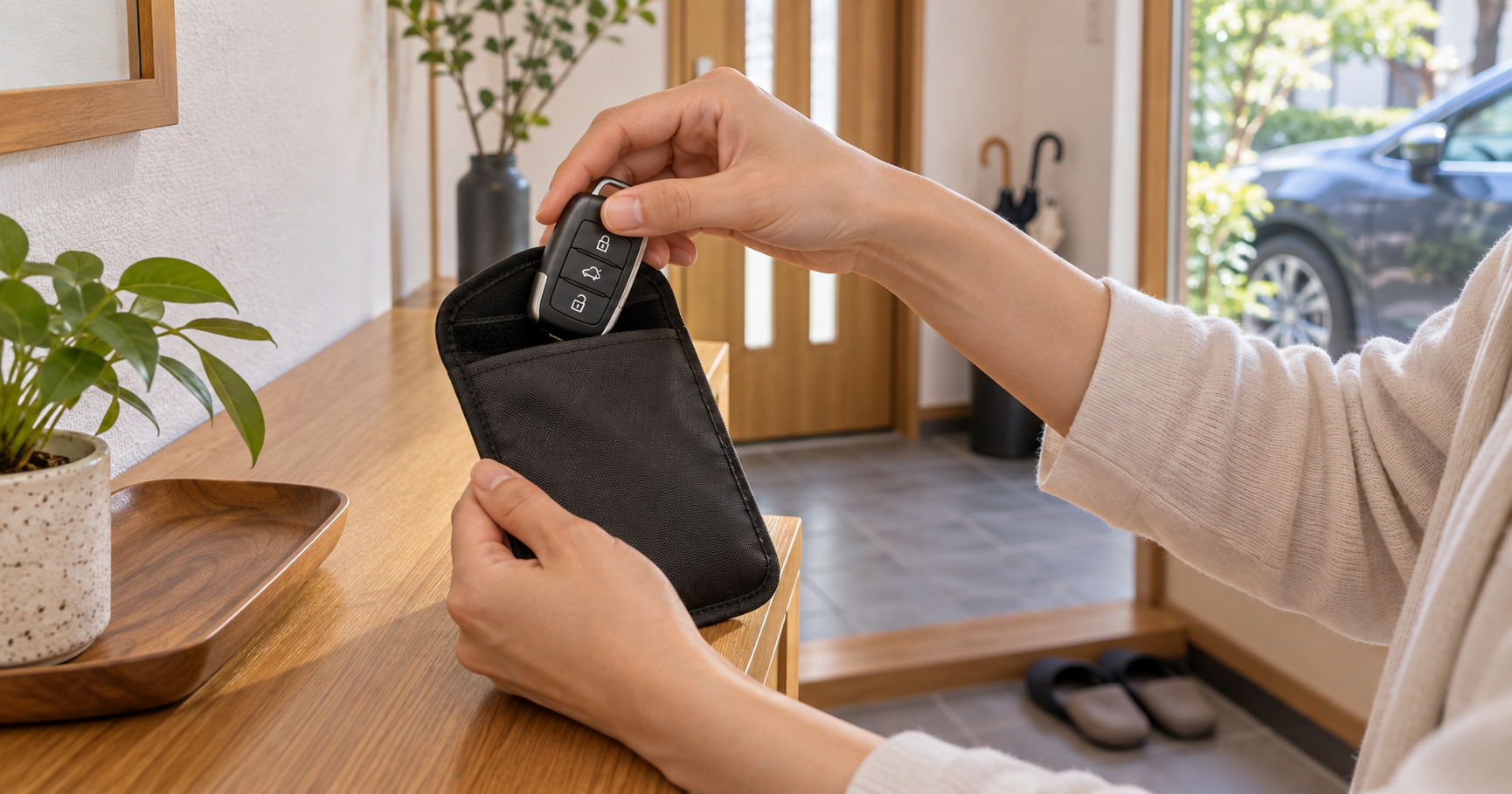 スマートキーを電波遮断ケースに保管する様子