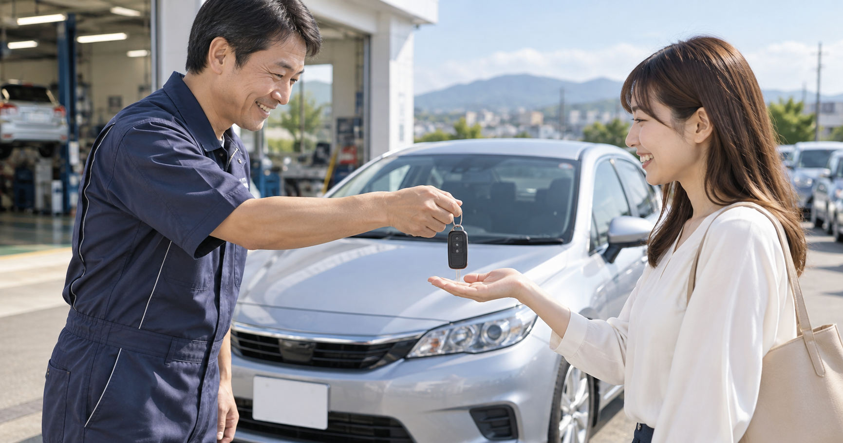 整備した中古車を次の所有者へ引き継ぐ様子