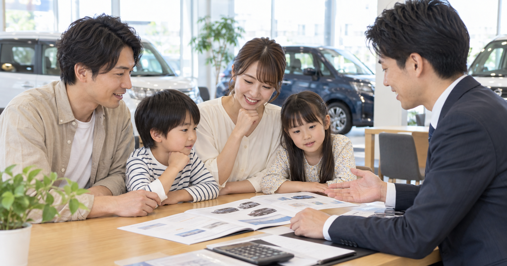 中古車の支払総額と予算を相談する家族